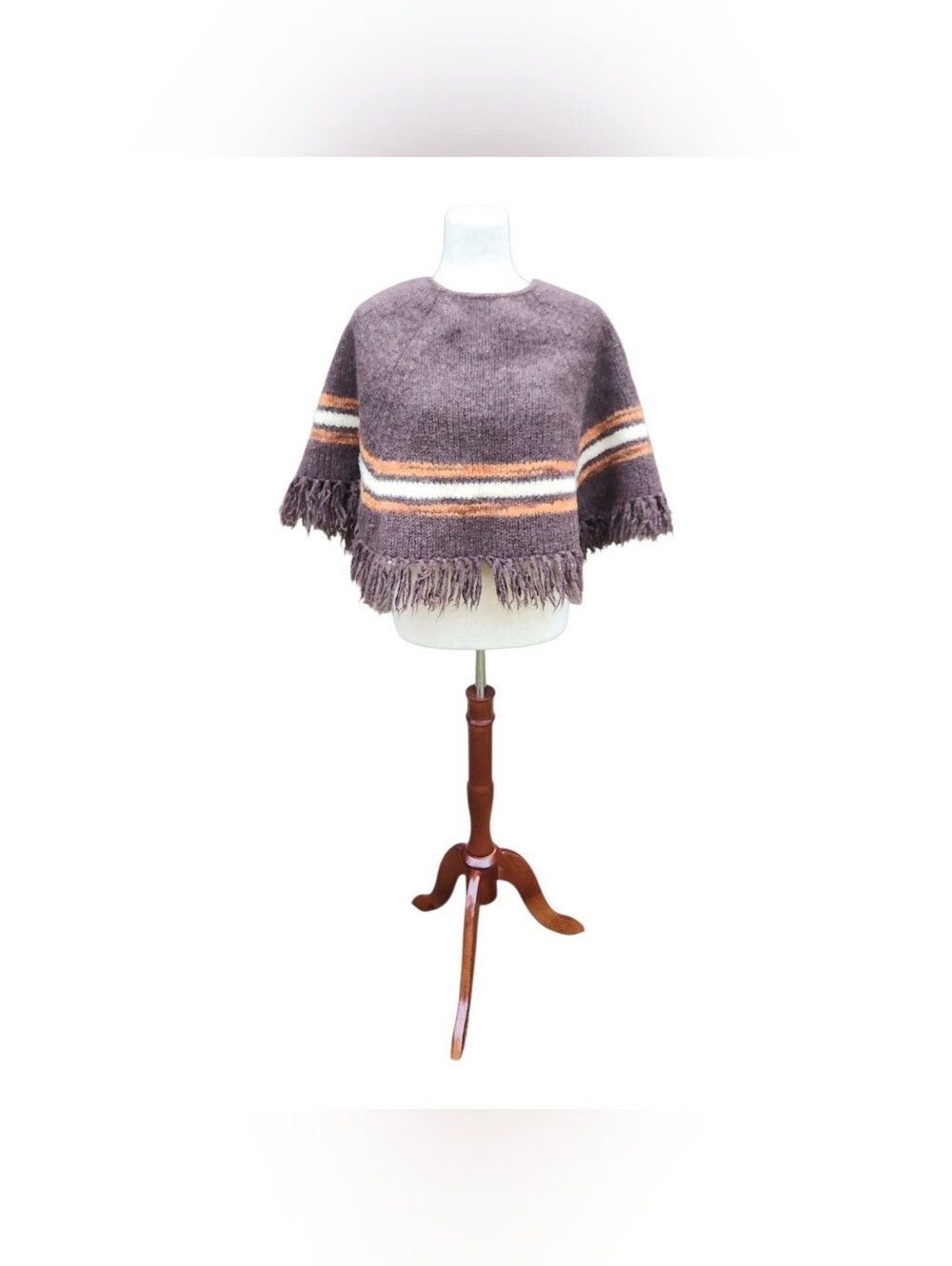Vintage 70s Brown Orange Striped Poncho Size Small Fairy Grunge Retro Autumn